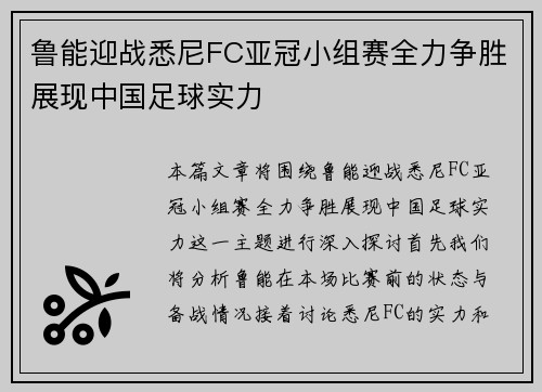 鲁能迎战悉尼FC亚冠小组赛全力争胜展现中国足球实力